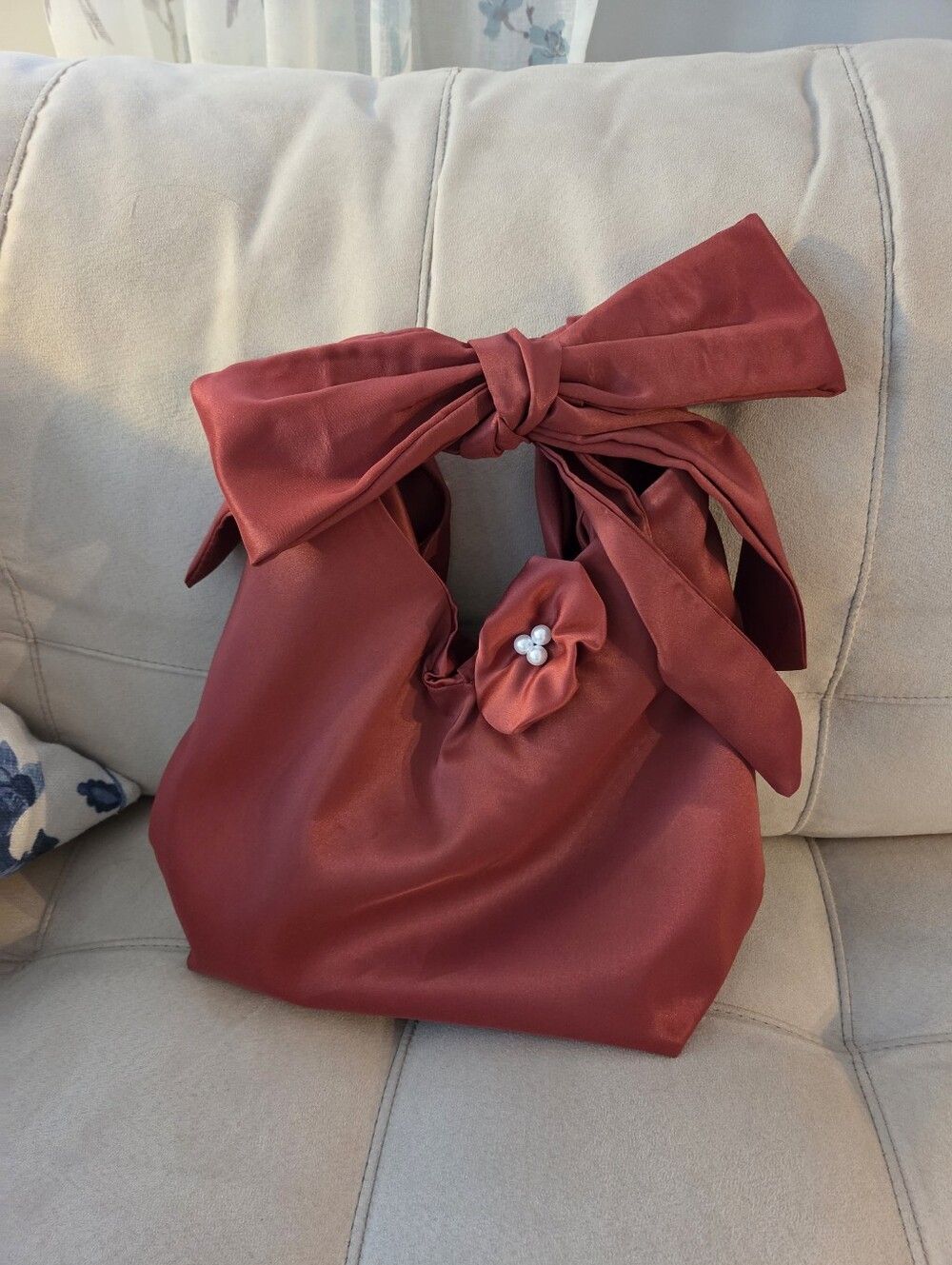 Bow-Accent Satin Knot Tote in Coral